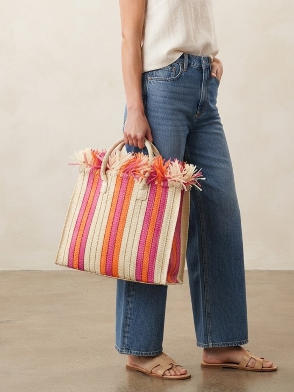 Mark & Graham Pink & Orange Stripe Fringe Top Straw Tote